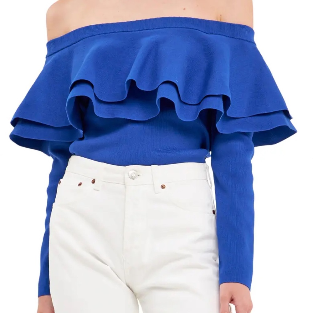 Endless Rose Blue Off The Shoulder Long Sleeve Bodycon Knit Top Sz M Edgy Party - Picture 4 of 10